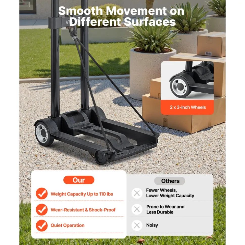 VEVOR Folding Hand Truck, 110 lbs Load Capacity, Collapsible Luggage Cart with 2 Wheels & 1 Elastic Rope, Utility Dolly Platform Cart for Airport Travel Furniture Luggage Office Moving, Black