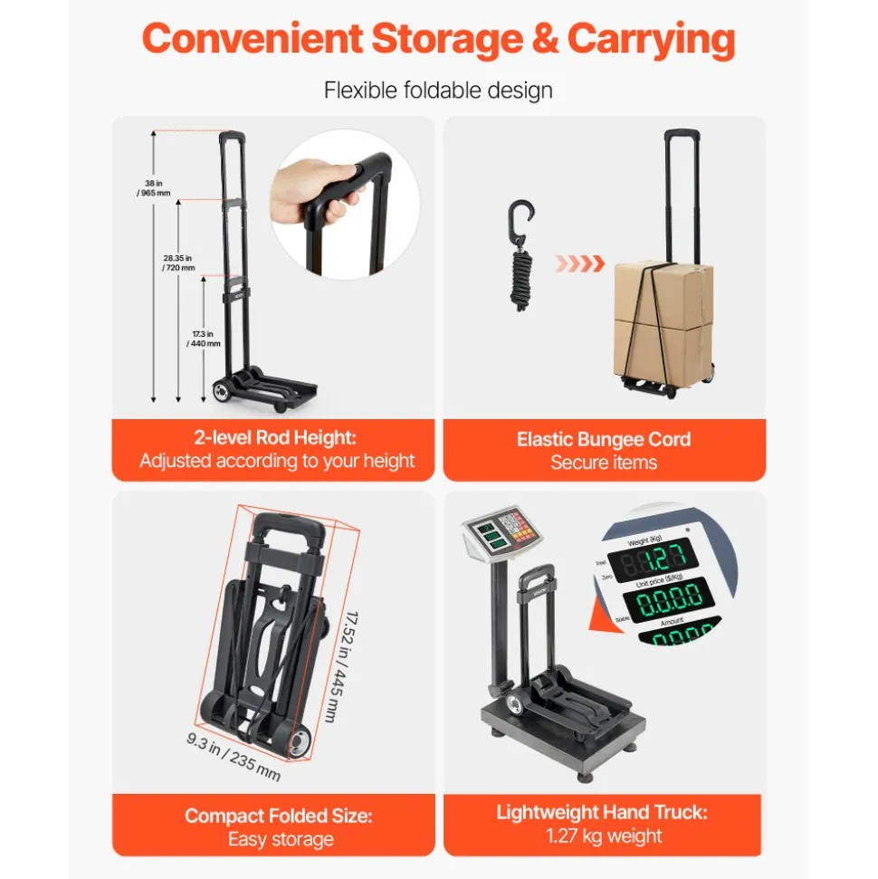 VEVOR Folding Hand Truck, 110 lbs Load Capacity, Collapsible Luggage Cart with 2 Wheels & 1 Elastic Rope, Utility Dolly Platform Cart for Airport Travel Furniture Luggage Office Moving, Black