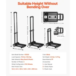 VEVOR Folding Hand Truck, 110 lbs Load Capacity, Collapsible Luggage Cart with 2 Wheels & 1 Elastic Rope, Utility Dolly Platform Cart for Airport Travel Furniture Luggage Office Moving, Black