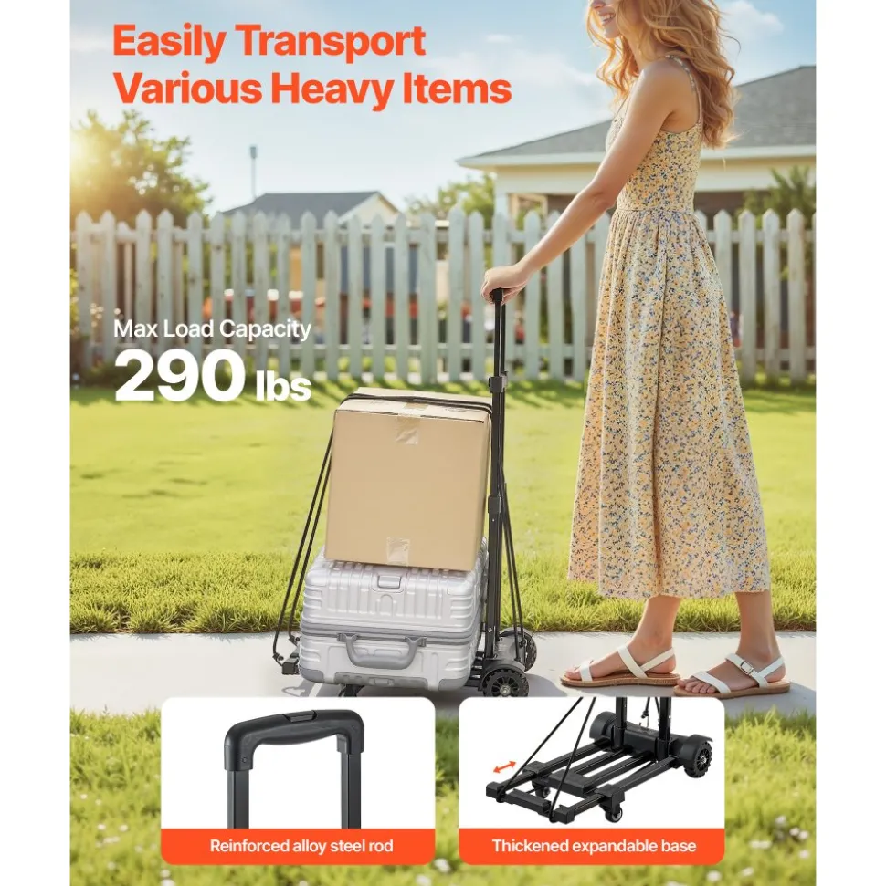 VEVOR Folding Hand Truck, 290 lbs Load Capacity, Collapsible Luggage Cart with 4 Wheels, 2 Elastic Ropes & Expandable Base, Utility Dolly Platform Cart for Airport Travel Luggage Office Moving, Black