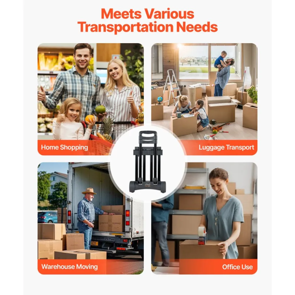 VEVOR Folding Hand Truck, 290 lbs Load Capacity, Collapsible Luggage Cart with 4 Wheels, 2 Elastic Ropes & Expandable Base, Utility Dolly Platform Cart for Airport Travel Luggage Office Moving, Black