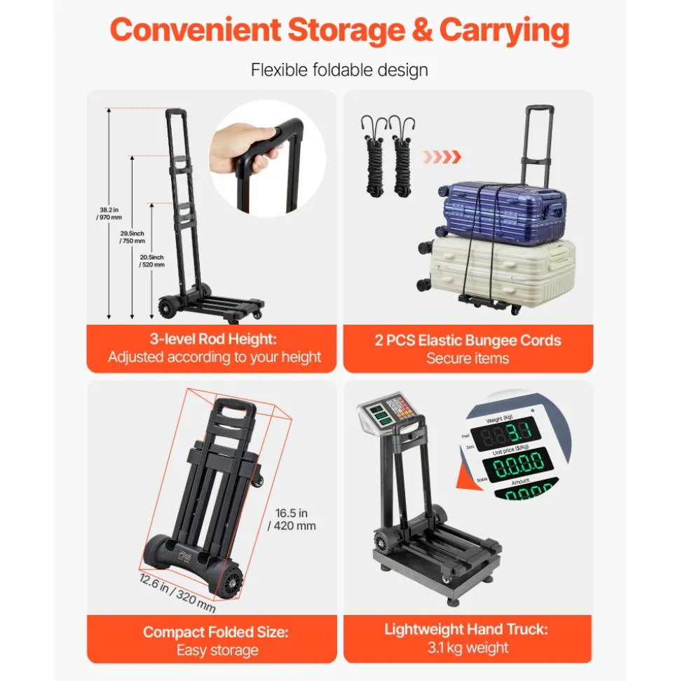 VEVOR Folding Hand Truck, 290 lbs Load Capacity, Collapsible Luggage Cart with 4 Wheels, 2 Elastic Ropes & Expandable Base, Utility Dolly Platform Cart for Airport Travel Luggage Office Moving, Black
