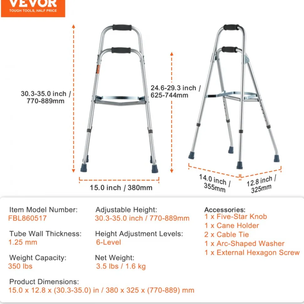 VEVOR Folding Hemi Walker, One Arm Folding Walker for Seniors with 6-Level Adjustable Height, Lightweight Aluminum | Side One-Hand Style Mobility Aid for Elderly Handicapped Disabled, Up to 350LBS