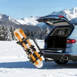 VEVOR Folding Hitch Mounted Ski & Snowboard Rack, Fits 2-Inch Receiver, Carries up to 6 Pairs of Skis or 4 Snowboards, Adjustable Hitch-Mounted Rack for Car with Key Lock, Security Strap, Tilt Access