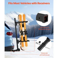 VEVOR Folding Hitch Mounted Ski & Snowboard Rack, Fits 2-Inch Receiver, Carries up to 6 Pairs of Skis or 4 Snowboards, Adjustable Hitch-Mounted Rack for Car with Key Lock, Security Strap, Tilt Access
