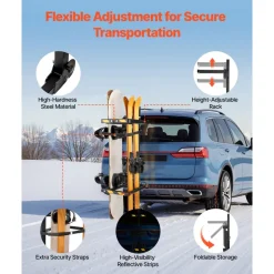 VEVOR Folding Hitch Mounted Ski & Snowboard Rack, Fits 2-Inch Receiver, Carries up to 6 Pairs of Skis or 4 Snowboards, Adjustable Hitch-Mounted Rack for Car with Key Lock, Security Strap, Tilt Access