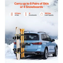 VEVOR Folding Hitch Mounted Ski & Snowboard Rack, Fits 2-Inch Receiver, Carries up to 6 Pairs of Skis or 4 Snowboards, Adjustable Hitch-Mounted Rack for Car with Key Lock, Security Strap, Tilt Access