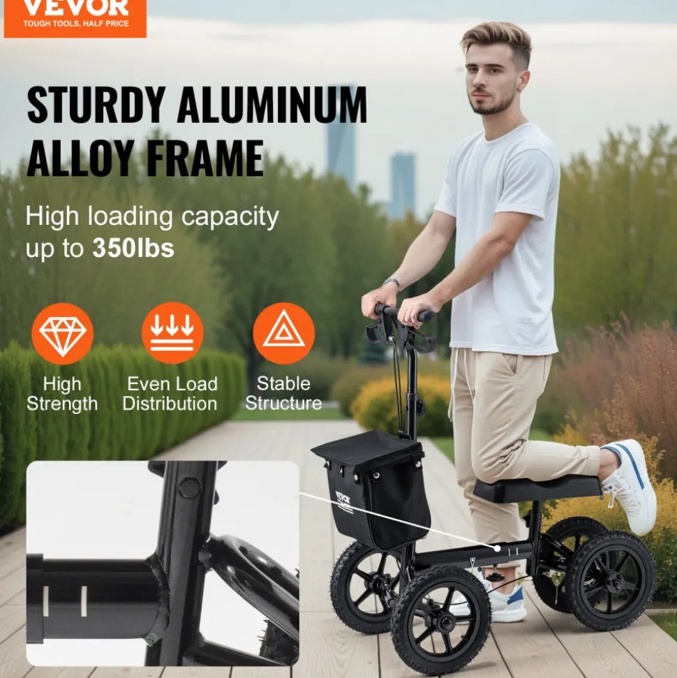 VEVOR Folding Knee Scooter, Aluminum Steerable Knee Walker with Height-Adjustable Handlebar & Knee Pad, 12" All-Terrain Wheels, Dual Brakes, Leg Recovery Scooter for Broken Ankle Foot Injuries, 350LBS