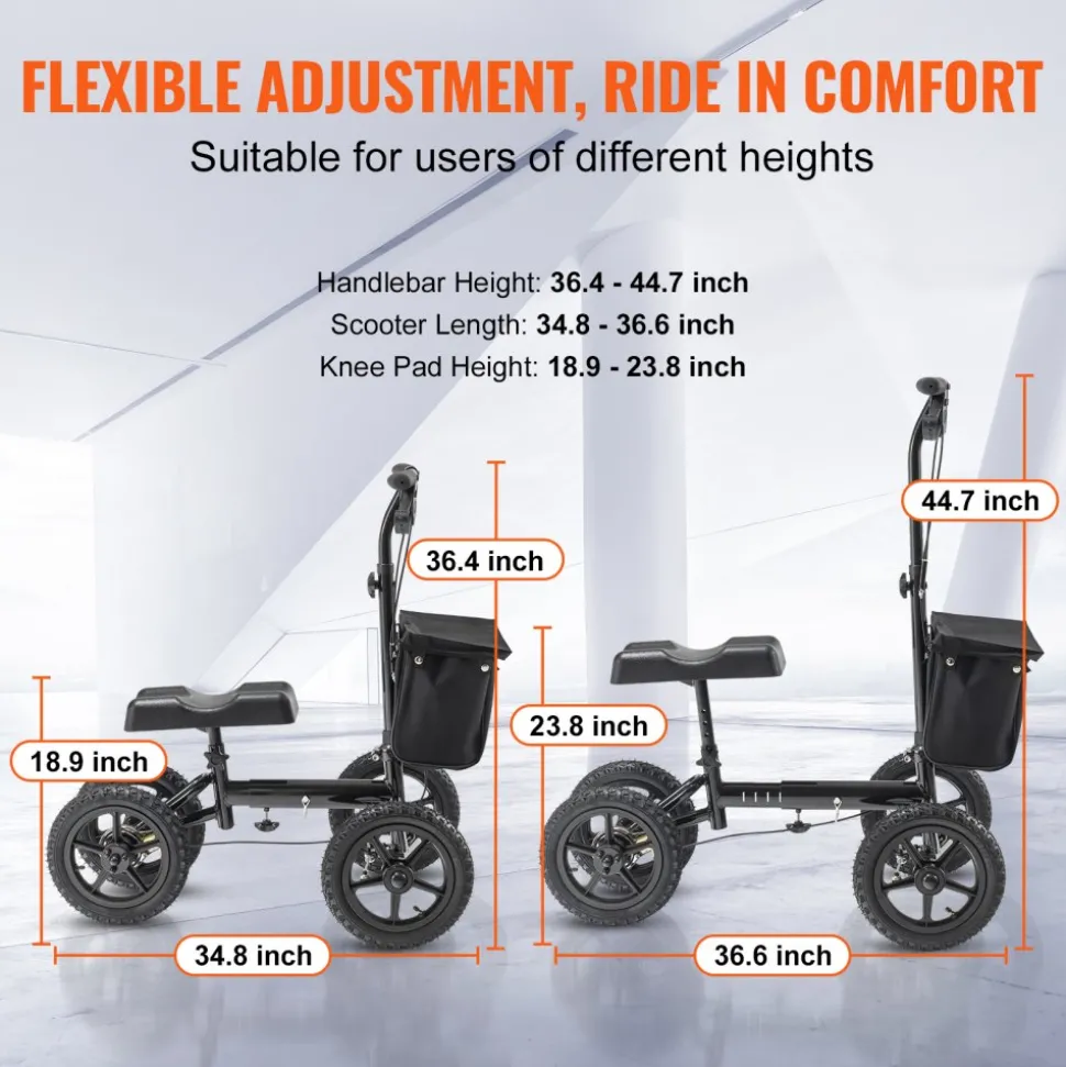 VEVOR Folding Knee Scooter, Aluminum Steerable Knee Walker with Height-Adjustable Handlebar & Knee Pad, 12" All-Terrain Wheels, Dual Brakes, Leg Recovery Scooter for Broken Ankle Foot Injuries, 350LBS