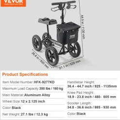 VEVOR Folding Knee Scooter, Aluminum Steerable Knee Walker with Height-Adjustable Handlebar & Knee Pad, 12