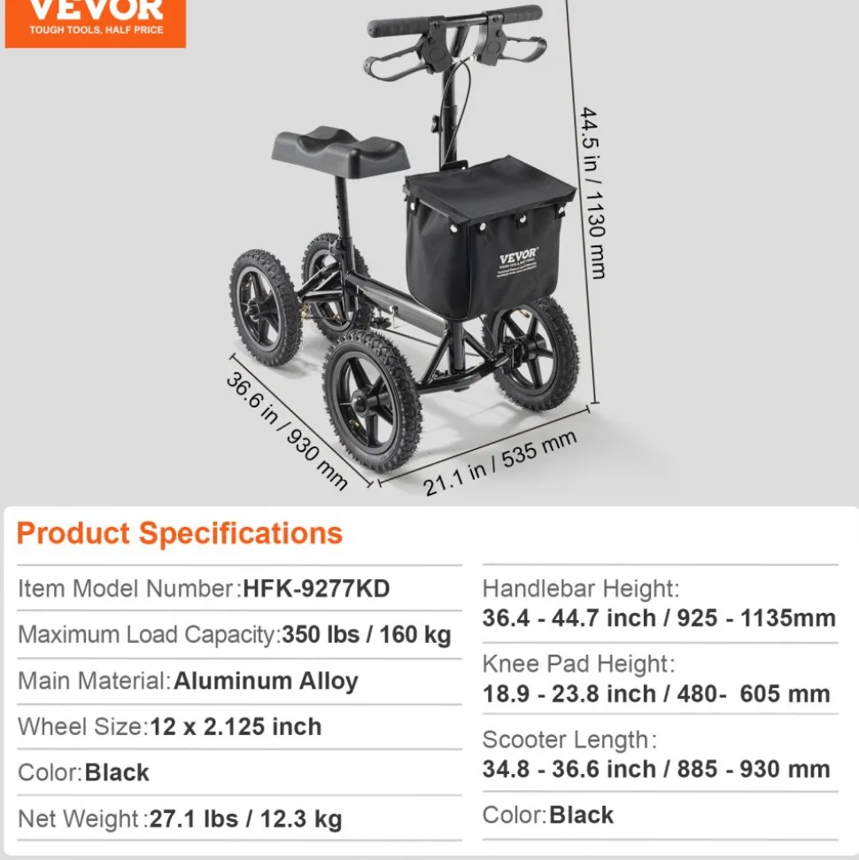 VEVOR Folding Knee Scooter, Aluminum Steerable Knee Walker with Height-Adjustable Handlebar & Knee Pad, 12" All-Terrain Wheels, Dual Brakes, Leg Recovery Scooter for Broken Ankle Foot Injuries, 350LBS