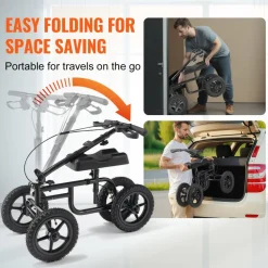 VEVOR Folding Knee Scooter, Carbon Steel Steerable Knee Walker with Height-Adjustable Handlebar & Knee Pad, 12" All-Terrain Wheel, Dual Brakes, Leg Recovery Scooter for Injured Ankle Foot Knee, 350LBS
