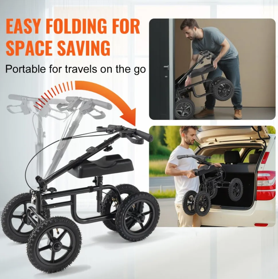 VEVOR Folding Knee Scooter, Carbon Steel Steerable Knee Walker with Height-Adjustable Handlebar & Knee Pad, 12" All-Terrain Wheel, Dual Brakes, Leg Recovery Scooter for Injured Ankle Foot Knee, 350LBS