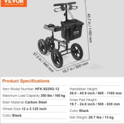 VEVOR Folding Knee Scooter, Carbon Steel Steerable Knee Walker with Height-Adjustable Handlebar & Knee Pad, 12