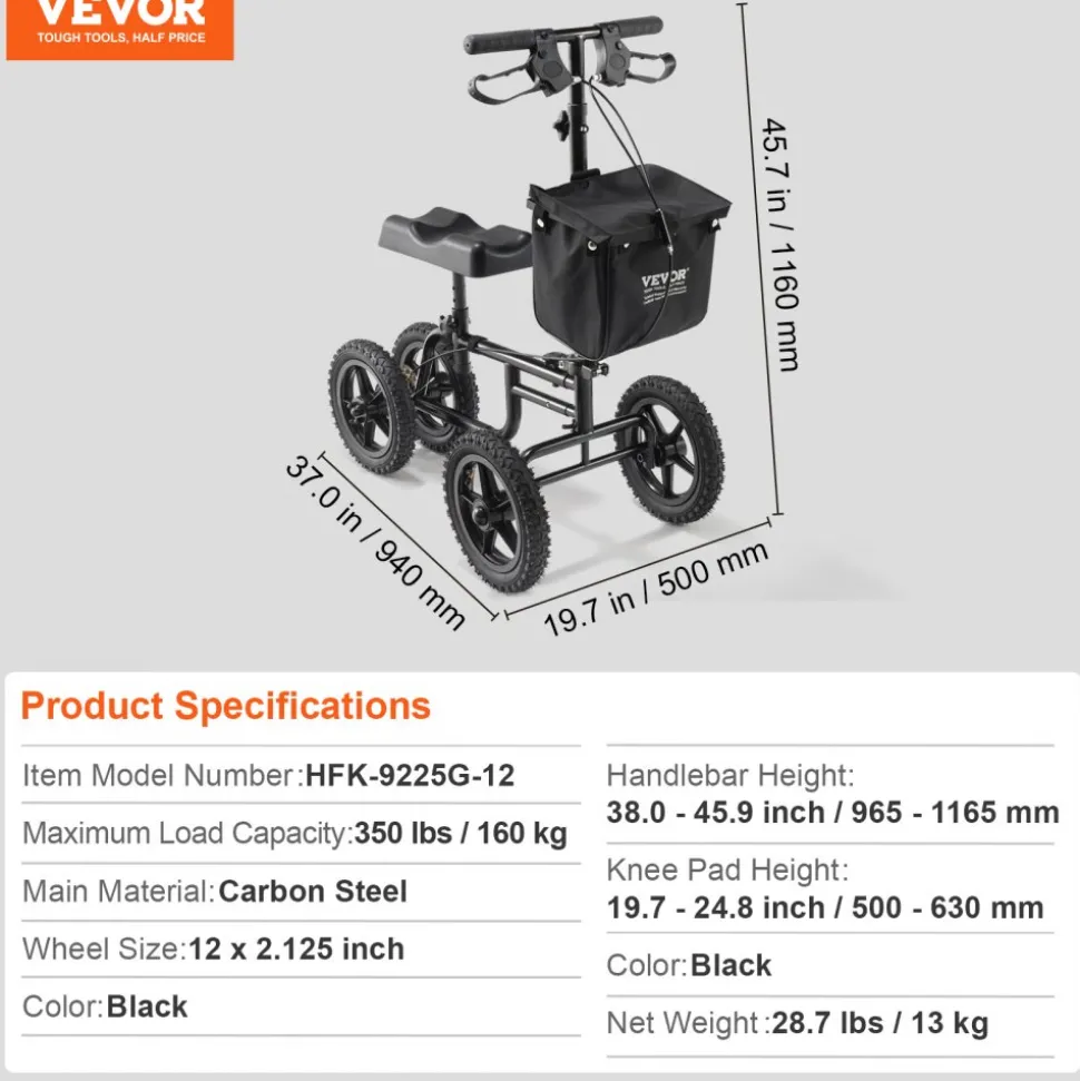 VEVOR Folding Knee Scooter, Carbon Steel Steerable Knee Walker with Height-Adjustable Handlebar & Knee Pad, 12" All-Terrain Wheel, Dual Brakes, Leg Recovery Scooter for Injured Ankle Foot Knee, 350LBS
