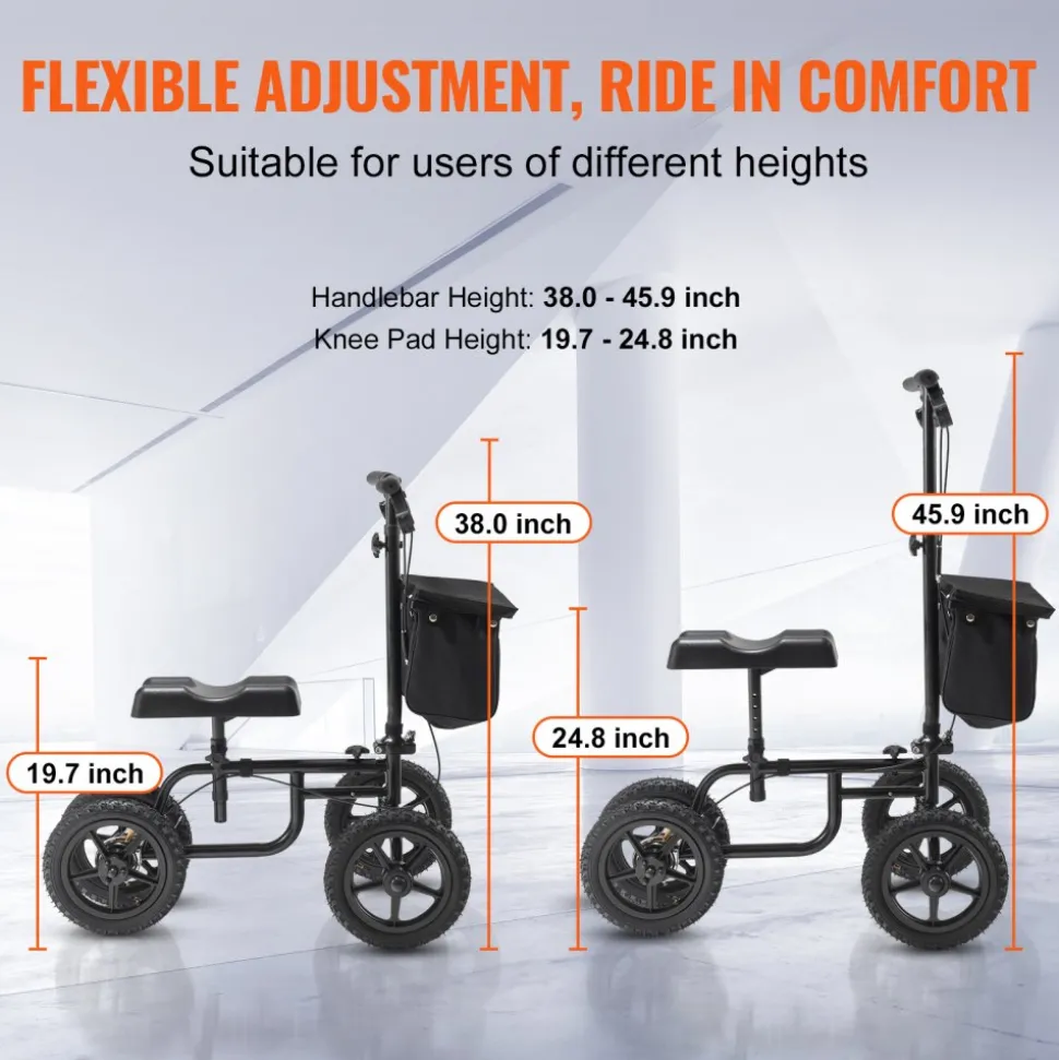 VEVOR Folding Knee Scooter, Carbon Steel Steerable Knee Walker with Height-Adjustable Handlebar & Knee Pad, 12" All-Terrain Wheel, Dual Brakes, Leg Recovery Scooter for Injured Ankle Foot Knee, 350LBS