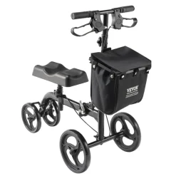 VEVOR Folding Knee Scooter, Carbon Steel Steerable Knee Walker with Height-Adjustable Handlebar & Knee Pad, All-Terrain Solid Wheels, Dual Brakes, Leg Recovery Scooter for Broken Ankle Foot Injuries