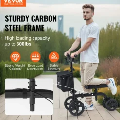 VEVOR Folding Knee Scooter, Carbon Steel Steerable Knee Walker with Height-Adjustable Handlebar & Knee Pad, All-Terrain Solid Wheels, Dual Brakes, Leg Recovery Scooter for Broken Ankle Foot Injuries