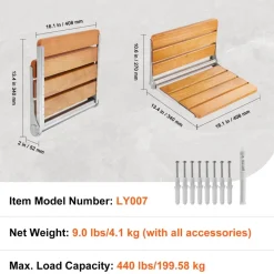 VEVOR Folding Oak Shower Seat, 16.1" x 13.4" Unfolded, Wall Mounted Fold Up Shower Bench with 440 lbs Load Capacity, Space Saving Home Care Fold Down Shower Chair, for Seniors Pregnant Women Children