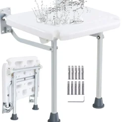 VEVOR Folding PE Shower Seat, 15.7'' x 14.8'' Unfolded, Wall Mounted Fold Up Shower Bench with 500 lbs Load Capacity, Space Saving Fold Down Shower Chair for Seniors Pregnant Women Children Adults