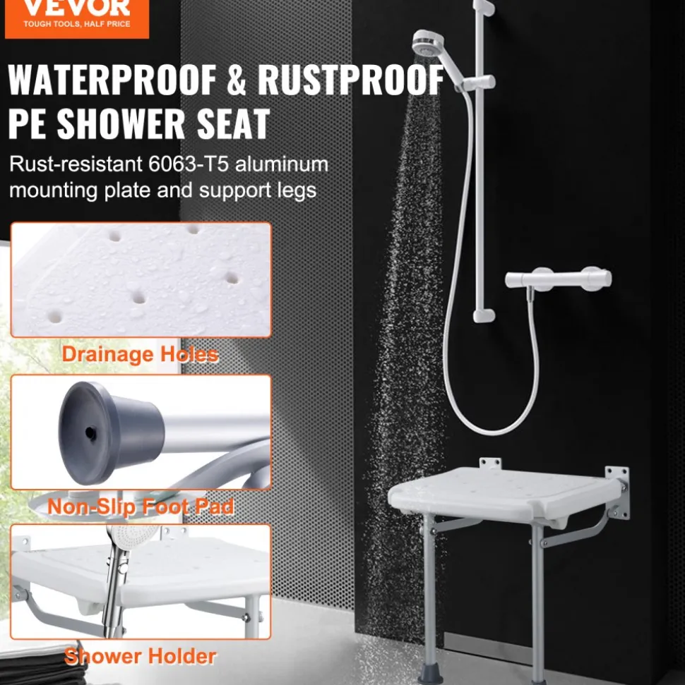 VEVOR Folding PE Shower Seat, 15.7'' x 14.8'' Unfolded, Wall Mounted Fold Up Shower Bench with 500 lbs Load Capacity, Space Saving Fold Down Shower Chair for Seniors Pregnant Women Children Adults