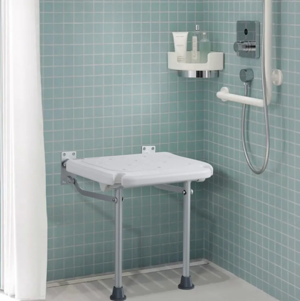 VEVOR Folding PE Shower Seat, 15.7'' x 14.8'' Unfolded, Wall Mounted Fold Up Shower Bench with 500 lbs Load Capacity, Space Saving Fold Down Shower Chair for Seniors Pregnant Women Children Adults