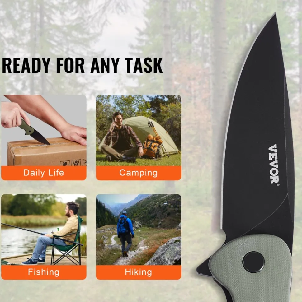 VEVOR Folding Pocket Knife, 3.5 in/8.8 cm D2 Steel Blade, G10 Handle Small EDC Knife with Pocket Clip, Sharp Camping Survival Hiking Knife, 3.84 oz/0.1 kg Easy to Carry for Men Women Self Defense