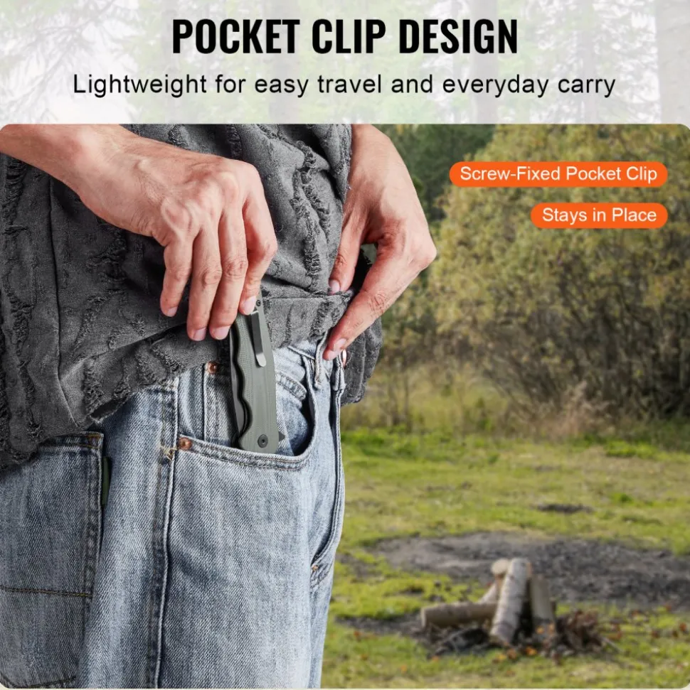 VEVOR Folding Pocket Knife, 3.5 in/8.8 cm D2 Steel Blade, G10 Handle Small EDC Knife with Pocket Clip, Sharp Camping Survival Hiking Knife, 3.84 oz/0.1 kg Easy to Carry for Men Women Self Defense