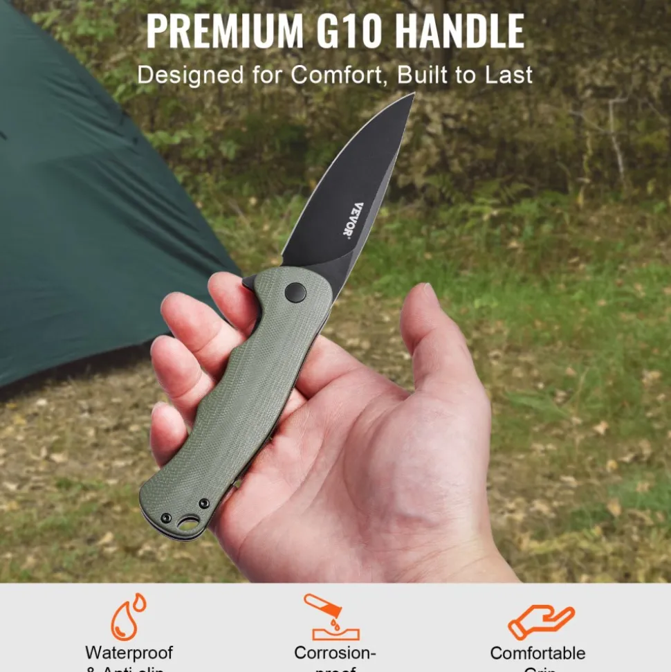 VEVOR Folding Pocket Knife, 3.5 in/8.8 cm D2 Steel Blade, G10 Handle Small EDC Knife with Pocket Clip, Sharp Camping Survival Hiking Knife, 3.84 oz/0.1 kg Easy to Carry for Men Women Self Defense