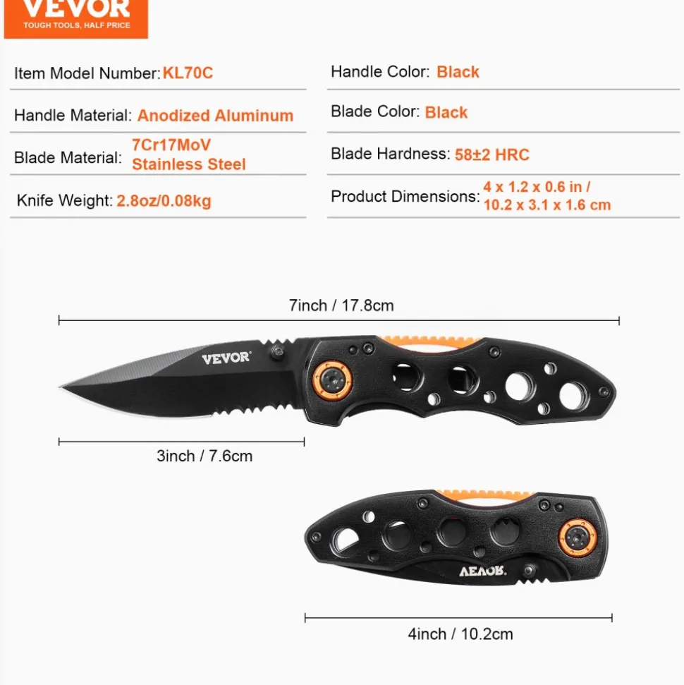 VEVOR Folding Pocket Knife, 3 in/7.6 cm 7Cr17Mov Blade, Aluminum Handle Small EDC Knife with Pocket Clip, Sharp Camping Survival Hiking Knife, 2.8 oz/0.08 kg Easy to Carry for Men Women Self Defense