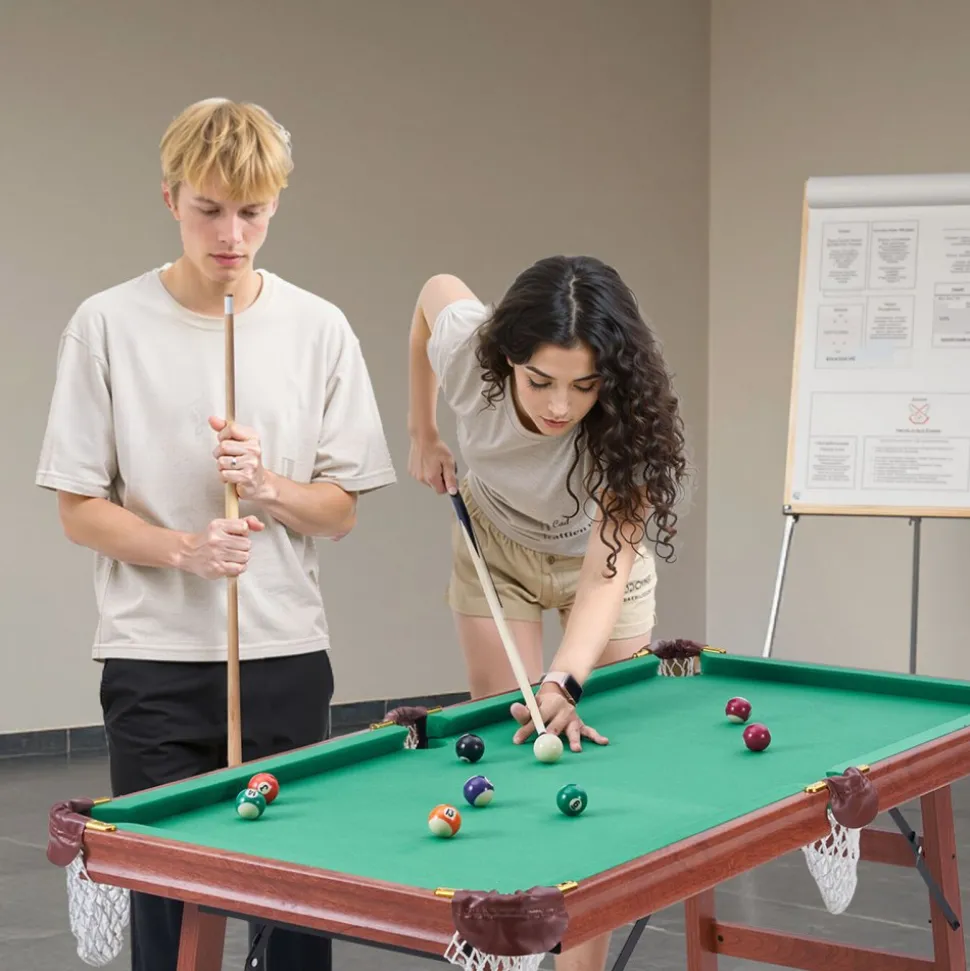VEVOR Folding Pool Table, 4.5 ft Portable Billiards Tables, Foldable Space-Saving Entertainment Game Set Includes Ball, Cue, Rack, Chalk, Brush, Brown with Bule Cloth, for Family Use, Recreation Room