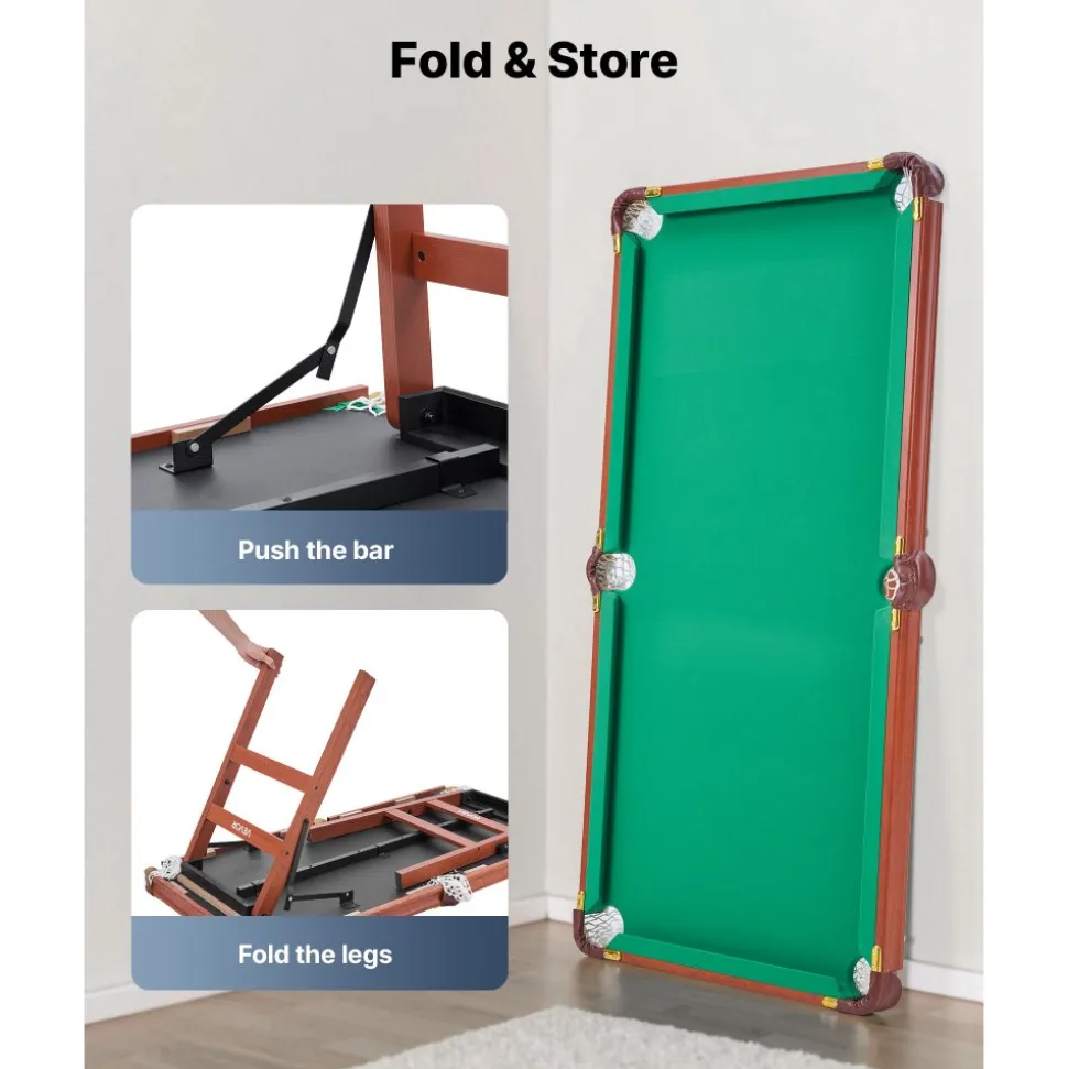 VEVOR Folding Pool Table, 4.5 ft Portable Billiards Tables, Foldable Space-Saving Entertainment Game Set Includes Ball, Cue, Rack, Chalk, Brush, Brown with Bule Cloth, for Family Use, Recreation Room