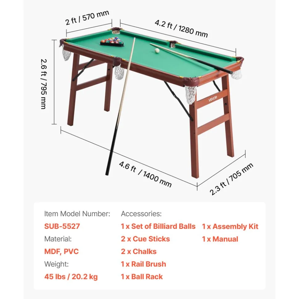 VEVOR Folding Pool Table, 4.5 ft Portable Billiards Tables, Foldable Space-Saving Entertainment Game Set Includes Ball, Cue, Rack, Chalk, Brush, Brown with Bule Cloth, for Family Use, Recreation Room