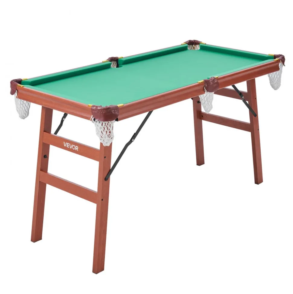 VEVOR Folding Pool Table, 4.5 ft Portable Billiards Tables, Foldable Space-Saving Entertainment Game Set Includes Ball, Cue, Rack, Chalk, Brush, Brown with Bule Cloth, for Family Use, Recreation Room