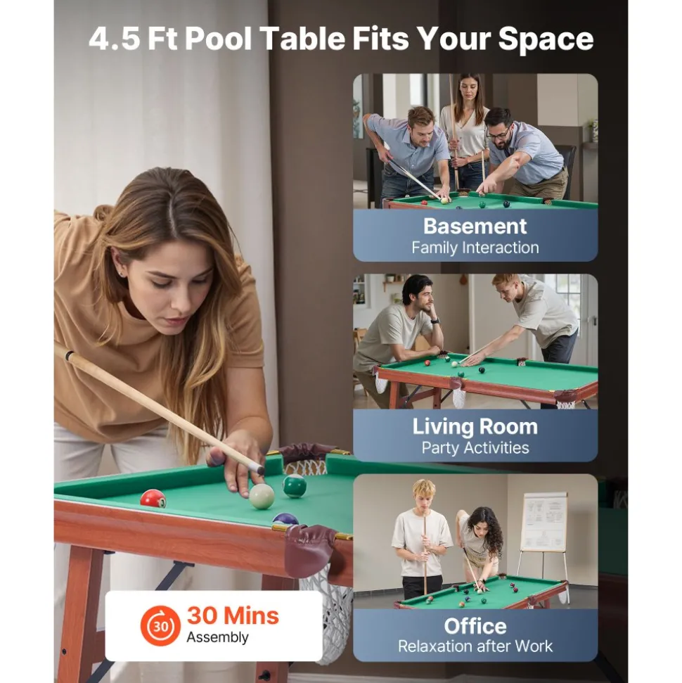 VEVOR Folding Pool Table, 4.5 ft Portable Billiards Tables, Foldable Space-Saving Entertainment Game Set Includes Ball, Cue, Rack, Chalk, Brush, Brown with Bule Cloth, for Family Use, Recreation Room