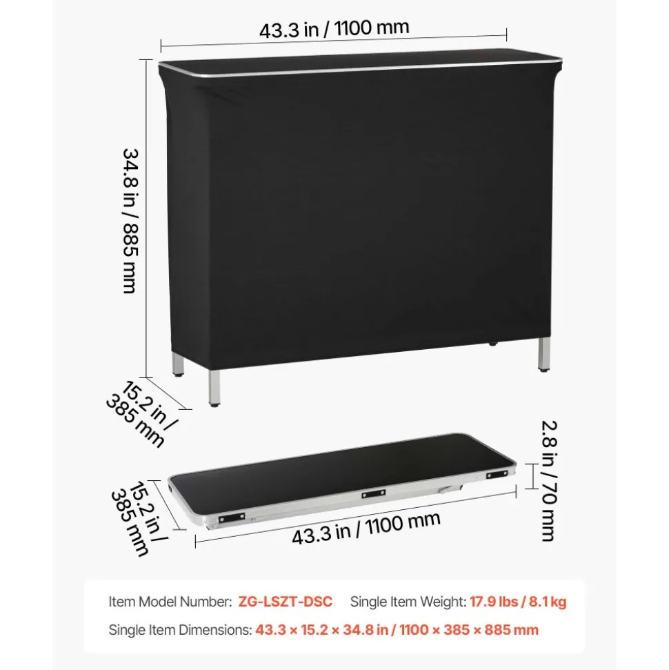 VEVOR Folding Portable Bar Table, 43.3 x 15.2 x 34.8 in, with Carry Bag, 2 Storage Shelves, and Detachable Skirt, Quick and Easy Setup, Foldable Mobile Bartending Station for Events, Party, Tradeshow