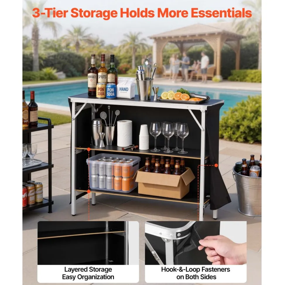 VEVOR Folding Portable Bar Table, 43.3 x 15.2 x 34.8 in, with Carry Bag, 2 Storage Shelves, and Detachable Skirt, Quick and Easy Setup, Foldable Mobile Bartending Station for Events, Party, Tradeshow