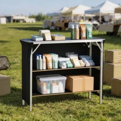 VEVOR Folding Portable Bar Table, 43.3 x 15.2 x 34.8 in, with Carry Bag, 2 Storage Shelves, and Detachable Skirt, Quick and Easy Setup, Foldable Mobile Bartending Station for Events, Party, Tradeshow