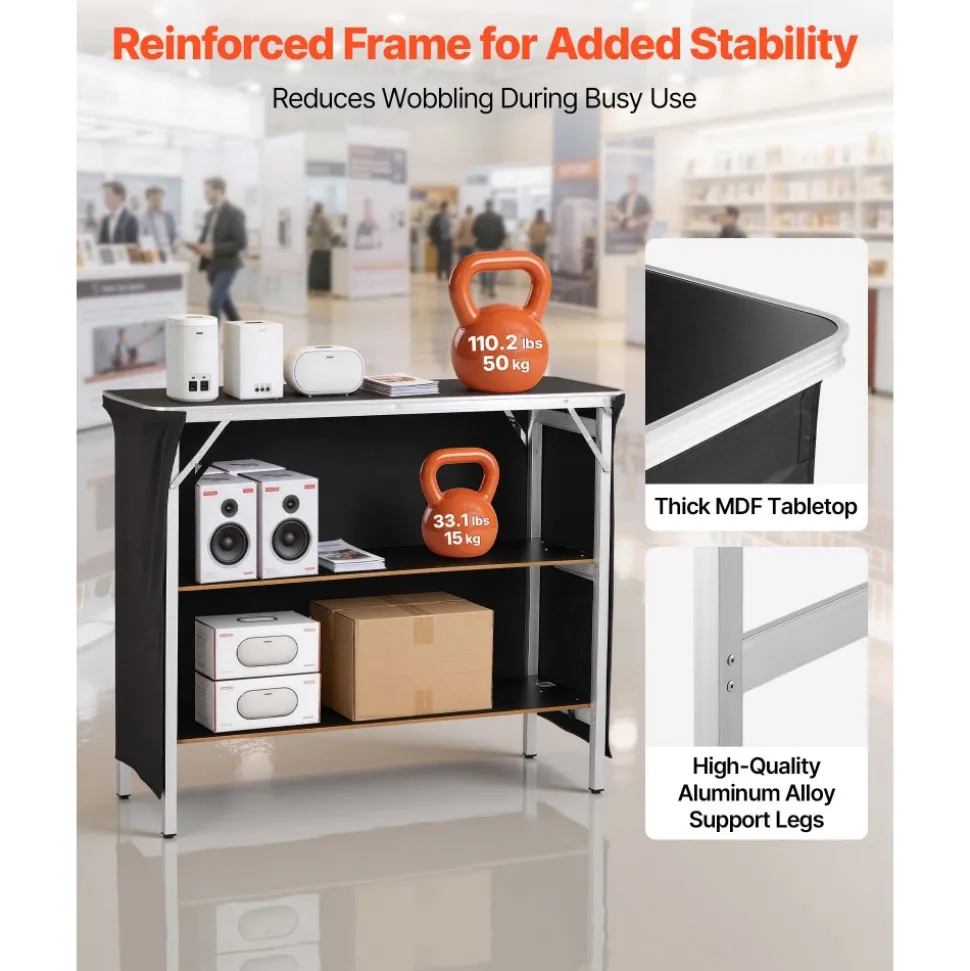 VEVOR Folding Portable Bar Table, 43.3 x 15.2 x 34.8 in, with Carry Bag, 2 Storage Shelves, and Detachable Skirt, Quick and Easy Setup, Foldable Mobile Bartending Station for Events, Party, Tradeshow