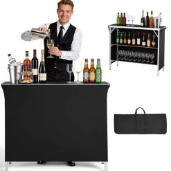 VEVOR Folding Portable Bar Table, 43.3 x 15.2 x 34.8 in, with Carry Bag, 2 Storage Shelves, and Detachable Skirt, Quick and Easy Setup, Foldable Mobile Bartending Station for Events, Party, Tradeshow