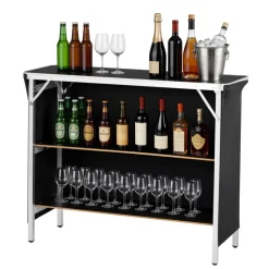 VEVOR Folding Portable Bar Table, 43.3 x 15.2 x 34.8 in, with Carry Bag, 2 Storage Shelves, and Detachable Skirt, Quick and Easy Setup, Foldable Mobile Bartending Station for Events, Party, Tradeshow