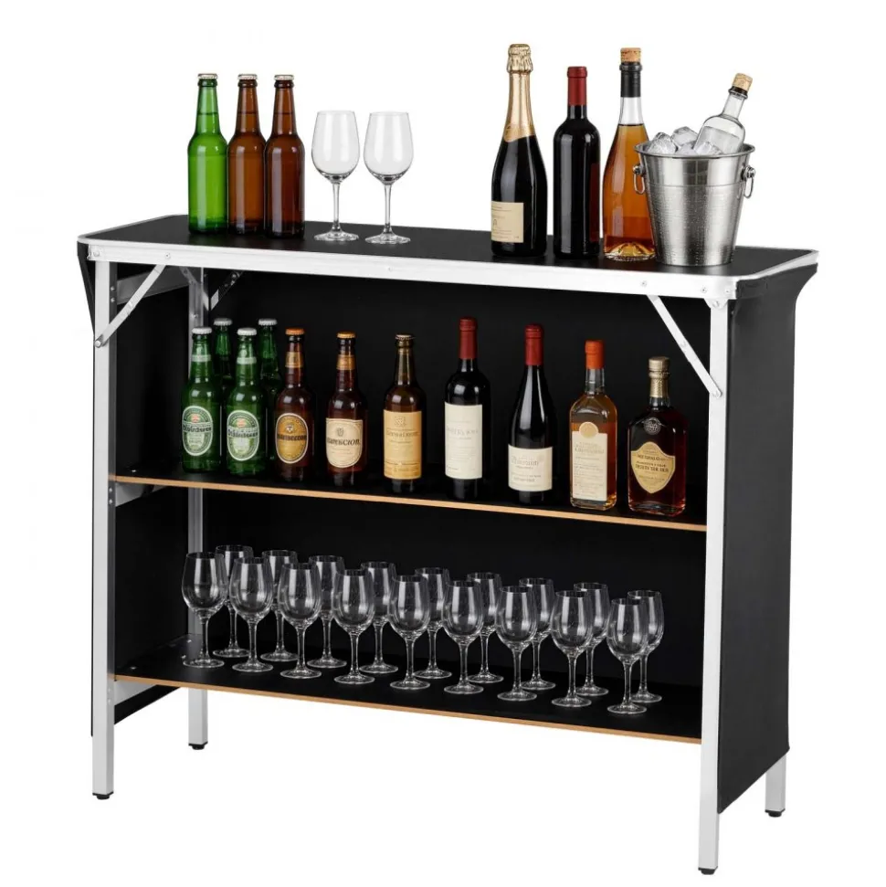 VEVOR Folding Portable Bar Table, 43.3 x 15.2 x 34.8 in, with Carry Bag, 2 Storage Shelves, and Detachable Skirt, Quick and Easy Setup, Foldable Mobile Bartending Station for Events, Party, Tradeshow