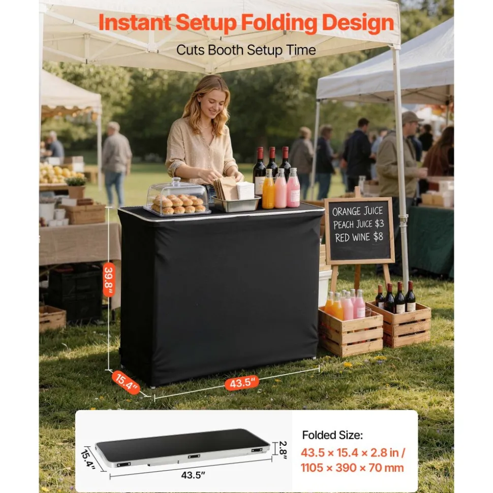 VEVOR Folding Portable Bar Table, 38.6 x 15.2 x 34.3 in, with Carry Bag, Storage Shelf, and Detachable Skirt, Quick and Easy Setup, Foldable Mobile Bartending Station for Events, Party, Tradeshow