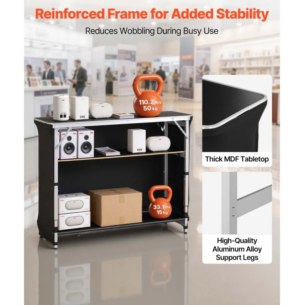 VEVOR Folding Portable Bar Table, 38.6 x 15.2 x 34.3 in, with Carry Bag, Storage Shelf, and Detachable Skirt, Quick and Easy Setup, Foldable Mobile Bartending Station for Events, Party, Tradeshow