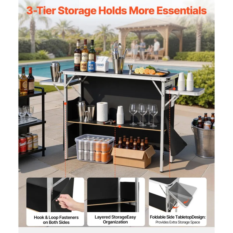 VEVOR Folding Portable Bar Table, 43.3 x 15.4 x 34.6 in, with Carry Bag, Storage Shelf, and Detachable Skirt, Quick and Easy Setup, Foldable Mobile Bartending Station for Events, Party, Tradeshow
