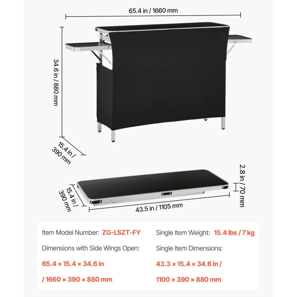 VEVOR Folding Portable Bar Table, 43.3 x 15.4 x 34.6 in, with Carry Bag, Storage Shelf, and Detachable Skirt, Quick and Easy Setup, Foldable Mobile Bartending Station for Events, Party, Tradeshow