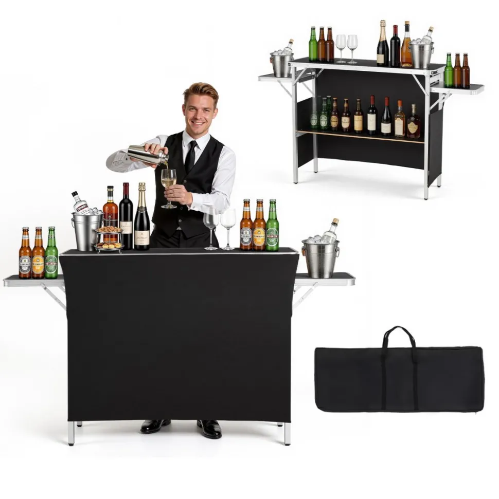 VEVOR Folding Portable Bar Table, 43.3 x 15.4 x 34.6 in, with Carry Bag, Storage Shelf, and Detachable Skirt, Quick and Easy Setup, Foldable Mobile Bartending Station for Events, Party, Tradeshow