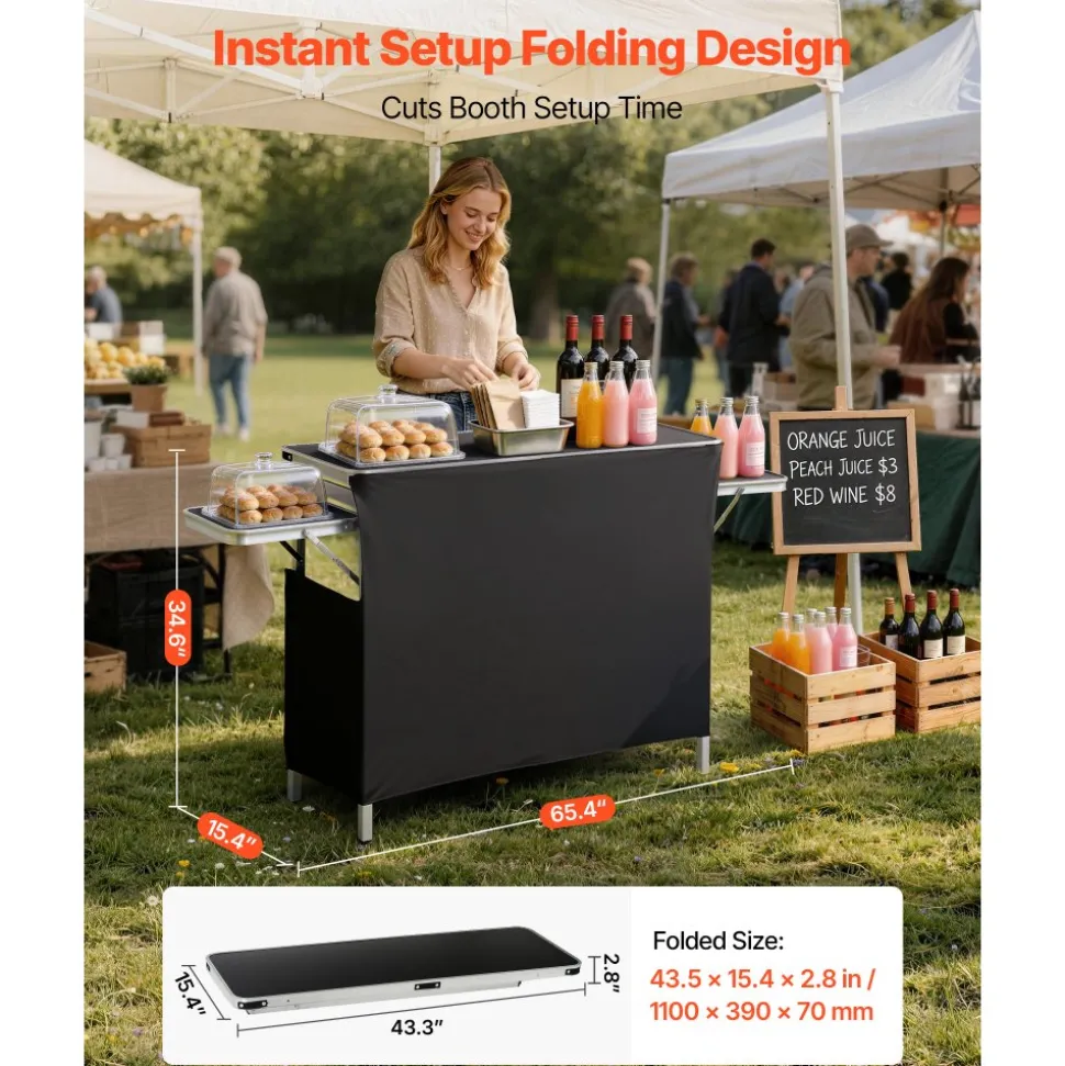 VEVOR Folding Portable Bar Table, 43.3 x 15.4 x 34.6 in, with Carry Bag, Storage Shelf, and Detachable Skirt, Quick and Easy Setup, Foldable Mobile Bartending Station for Events, Party, Tradeshow