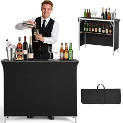 VEVOR Folding Portable Bar Table, 43.3 x 15.2 x 34.8 in, with Carry Bag, Storage Shelf, and Detachable Skirt, Quick and Easy Setup, Foldable Mobile Bartending Station for Events, Party, Tradeshow
