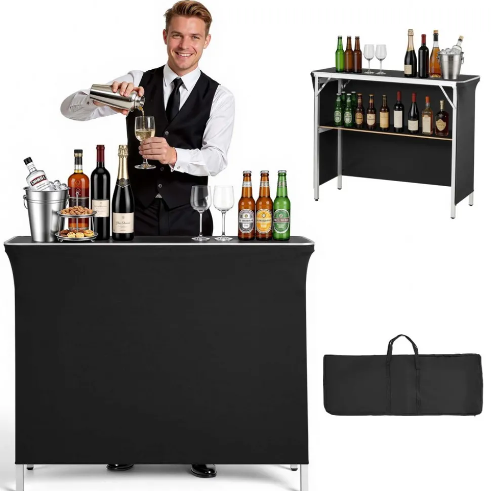 VEVOR Folding Portable Bar Table, 43.3 x 15.2 x 34.8 in, with Carry Bag, Storage Shelf, and Detachable Skirt, Quick and Easy Setup, Foldable Mobile Bartending Station for Events, Party, Tradeshow